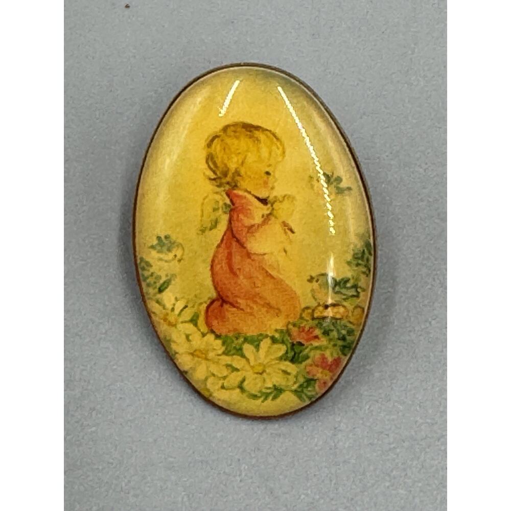 Vintage‎ Oval Shaped Flowers & Child W/ Angel Wings Praying Enamel Lapel Pin